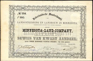 Nederlandsche Maatschappij van Landontginning en Landbouw in Minnesota, Minnesota-Land-Company, Bewijs van kwart aandeel, 250 Gulden, February 1873