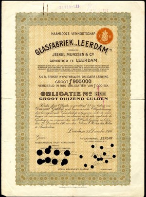 Glasfabriek "Leerdam" voorheen Jeekel, Mijnsen & Co. N.V., Obligatie, 1000 Gulden, 22 December 1916