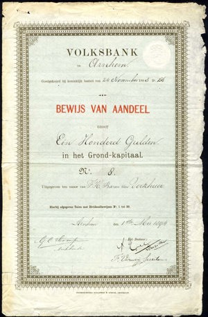 Volksbank, Bewijs van aandeel, 100 Gulden, 1 May 1894