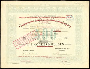 Gautzsch's Industrieele Maatschappij voor Elektriciteit en Gas N.V., Bewijs van aandeel, serie 1, 500 Gulden, 15 April 1905