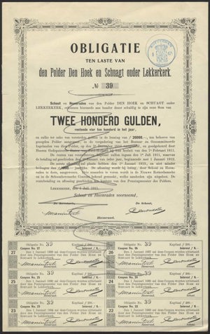 Den Polder Den Hoek en Schuagt onder Lekkerkerk, Obligatie, 200 Gulden, 1 Juli 1911