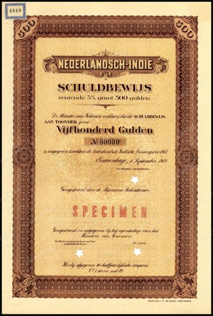 Nederlandsch-Indie, 5% lening 1917, Schuldbewijs, 500 Gulden, 1 September 1917, SPECIMEN