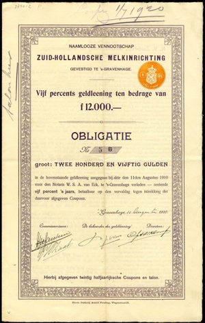 Zuid-Hollandsche Meldinrichting N.V., Obligatie, 250 Gulden, 11 August 1910